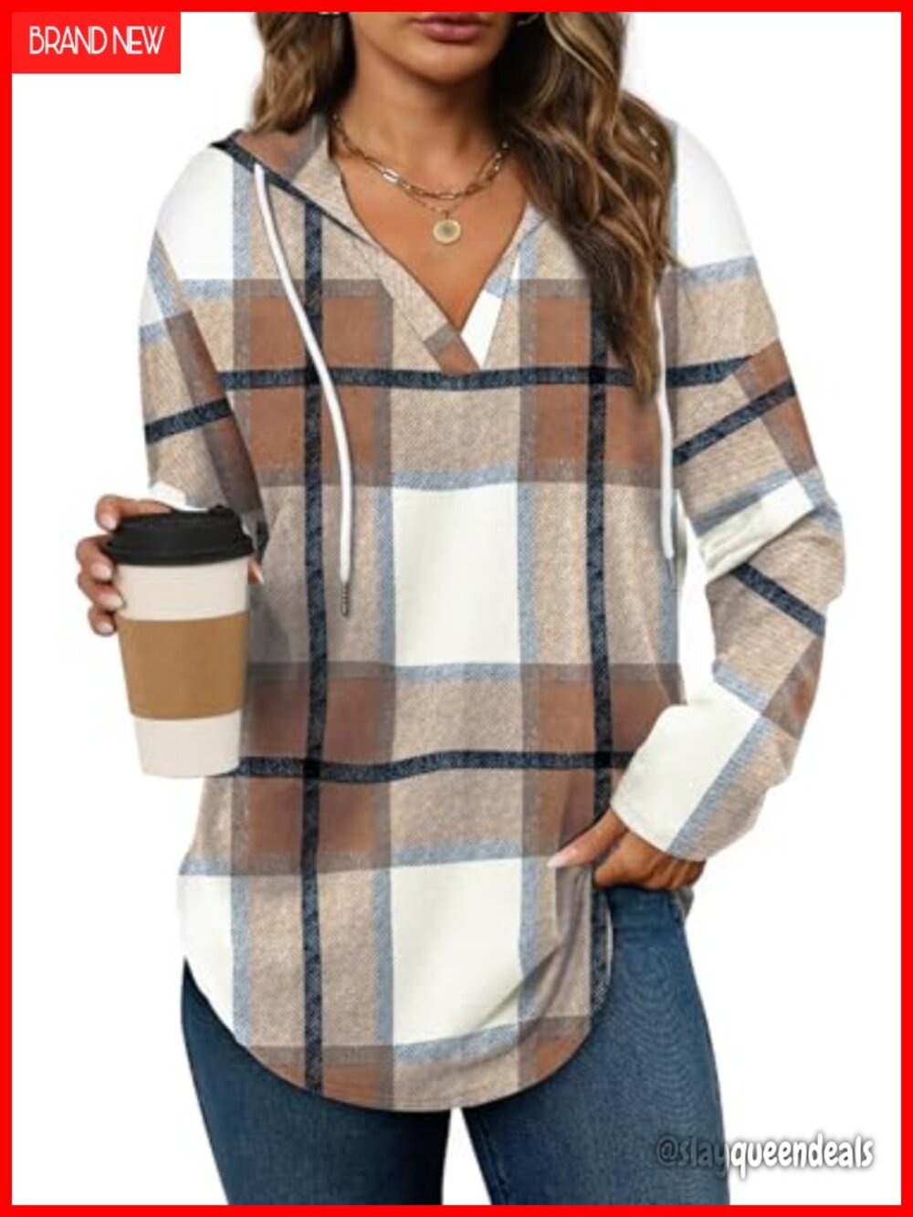 Women's Plaid V-Neck Oversized Pullover Hoodie